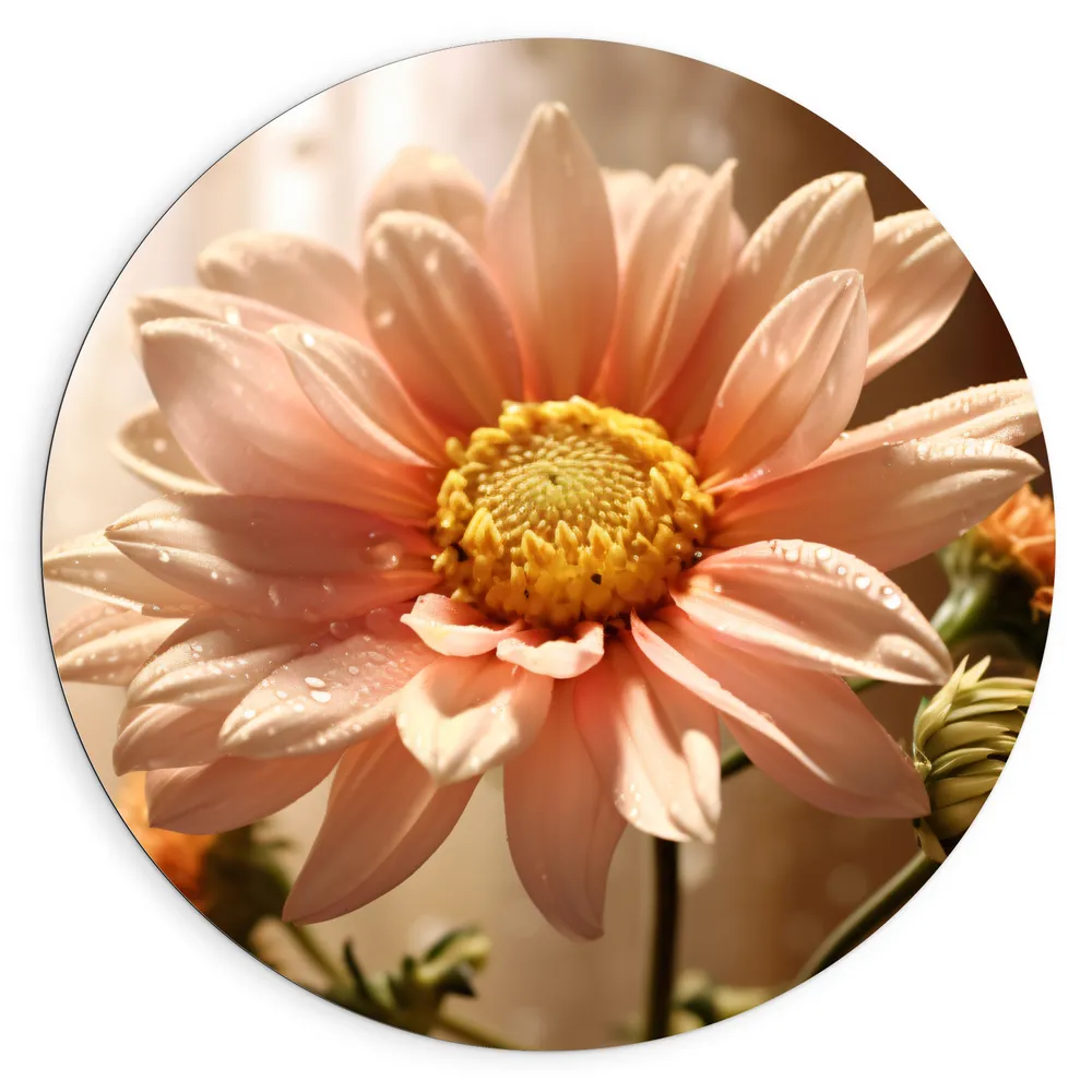 Dibond Muurcirkel - Licht Roze Chrysanten Bloem met Doorschijnende Gordijnen als Achtergrond