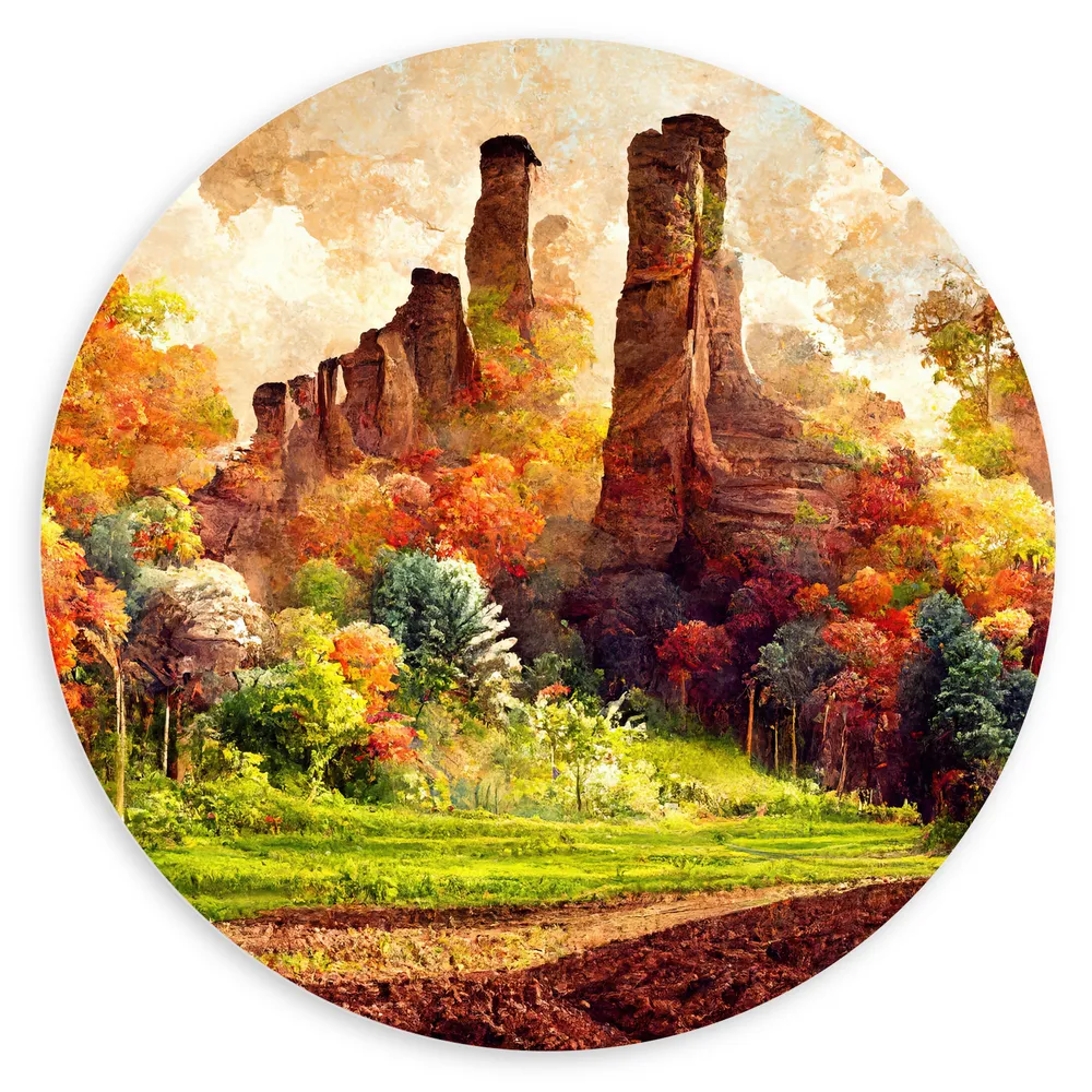 Dibond Muurcirkel - Schilderij van Getekend Herfstbos