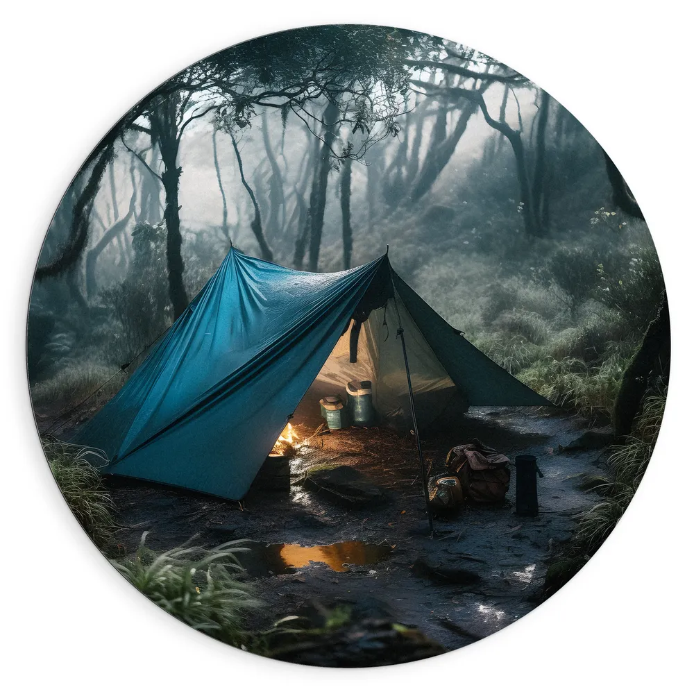 Dibond Muurcirkel - Tent - Kamperen - Bos - Planten - Kampvuur - Nat