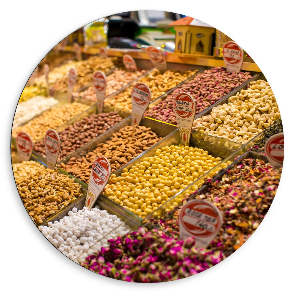 Dibond Muurcirkel - Specerijen in Kraampje op de Buitenlandse Markt