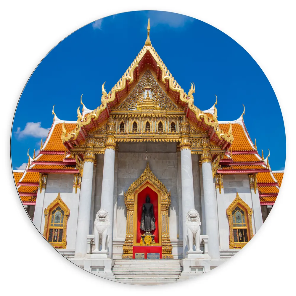 Dibond Muurcirkel - Wit met Gouden Marmeren Tempel in Bangkok, Thailand
