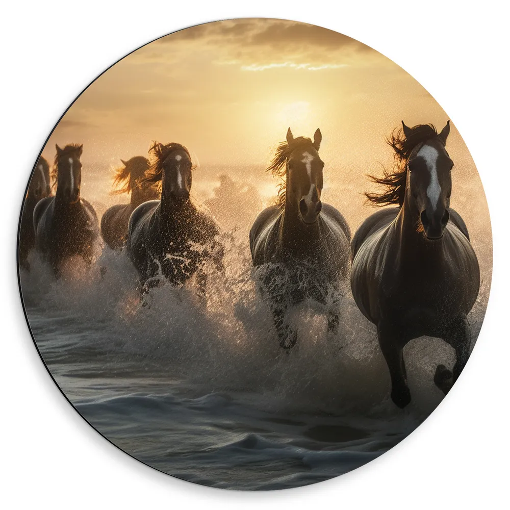 Dibond Muurcirkel - Vooraanzicht van Kudde Galopperende Paarden in de Zee