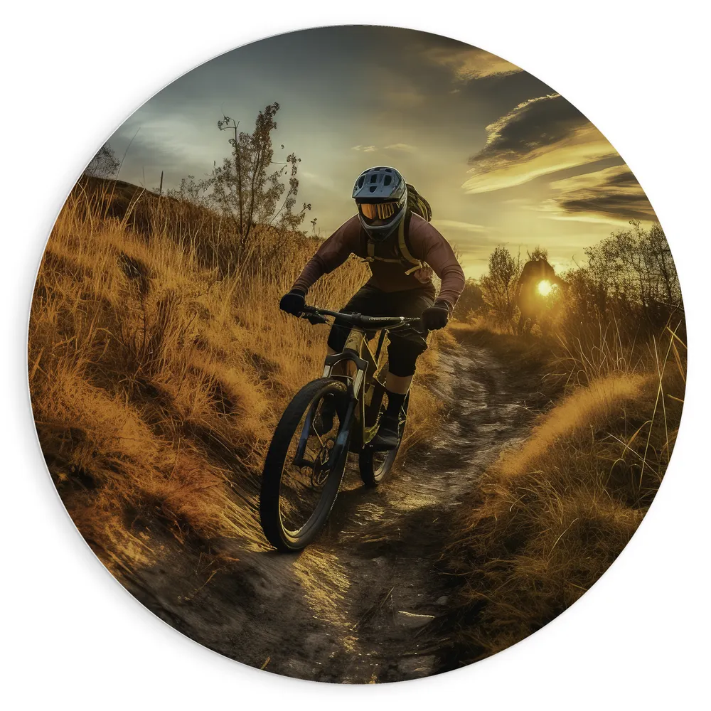 Dibond Muurcirkel - Mountainbikers door de Duinen tijdens Zonsondergang