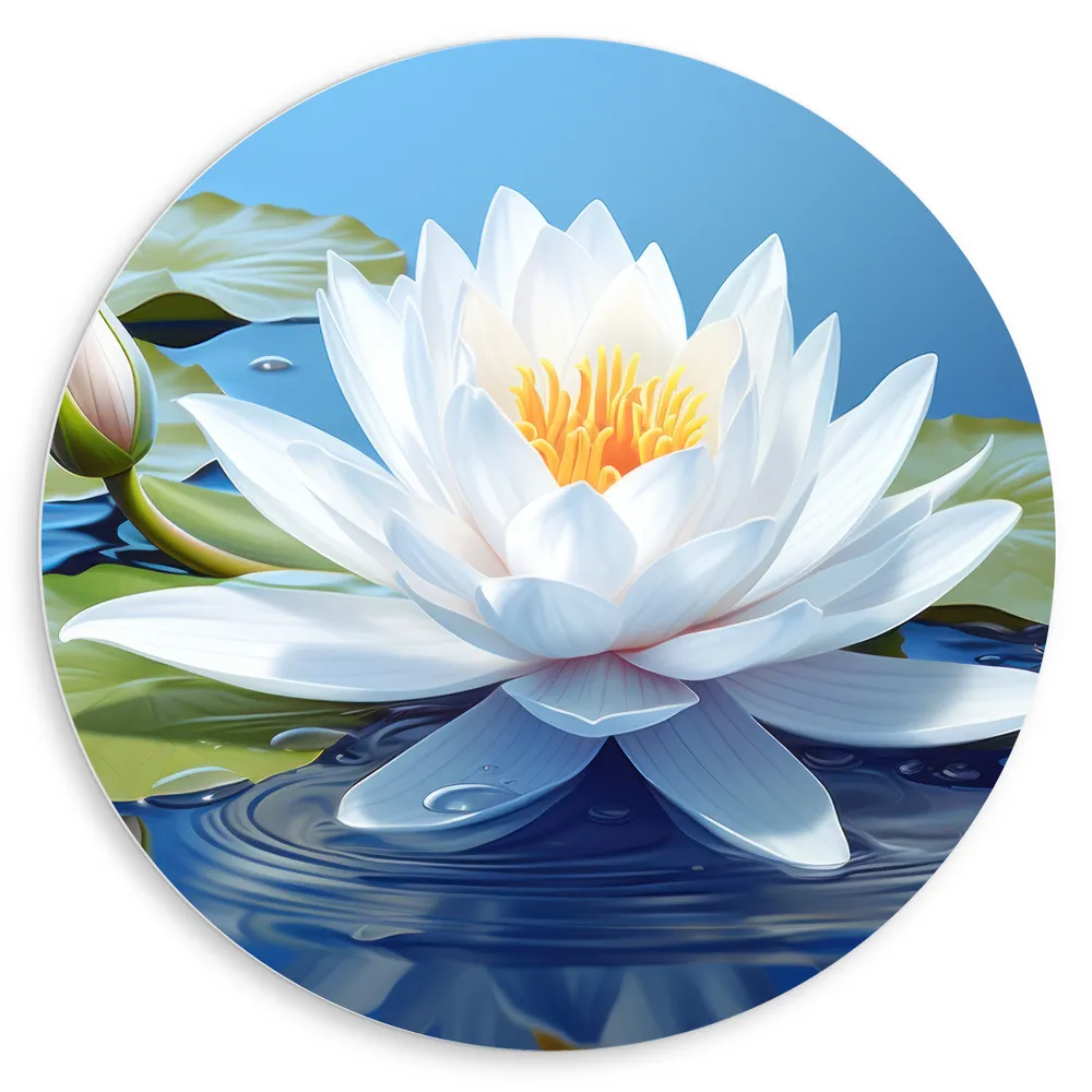 Dibond Muurcirkel - Wit Vol Bloeiende Waterlelie op Water en Leliebladeren - Bloemen
