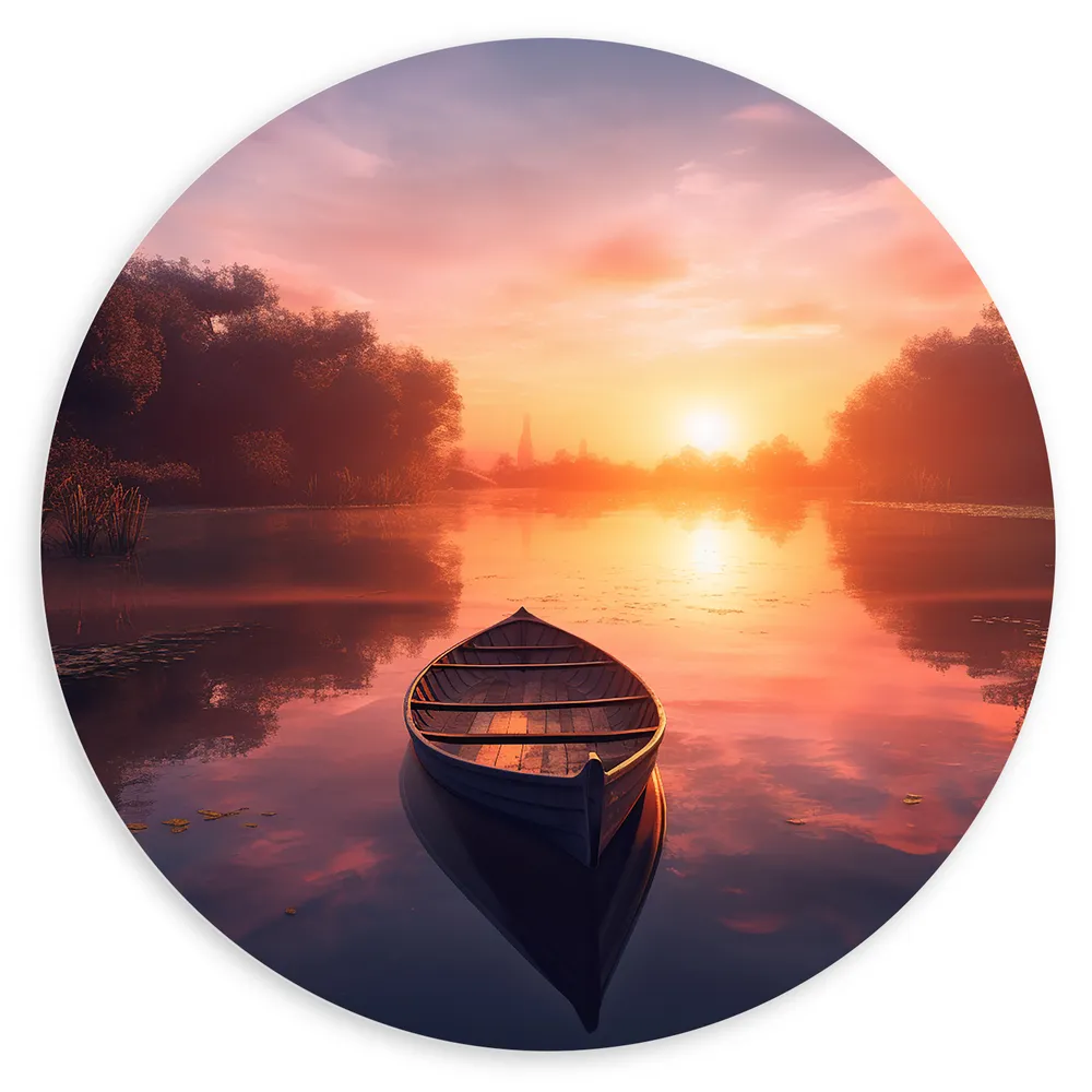 Dibond Muurcirkel - Houten Bootje Dobberend op het Water bij Felkleurige Zonsondergang