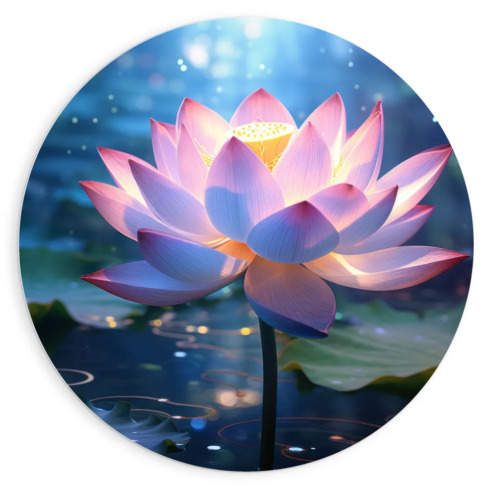 Dibond Muurcirkel - Licht Roze Waterlelie met Geel Midden op Stengel In het Water - Bloemen