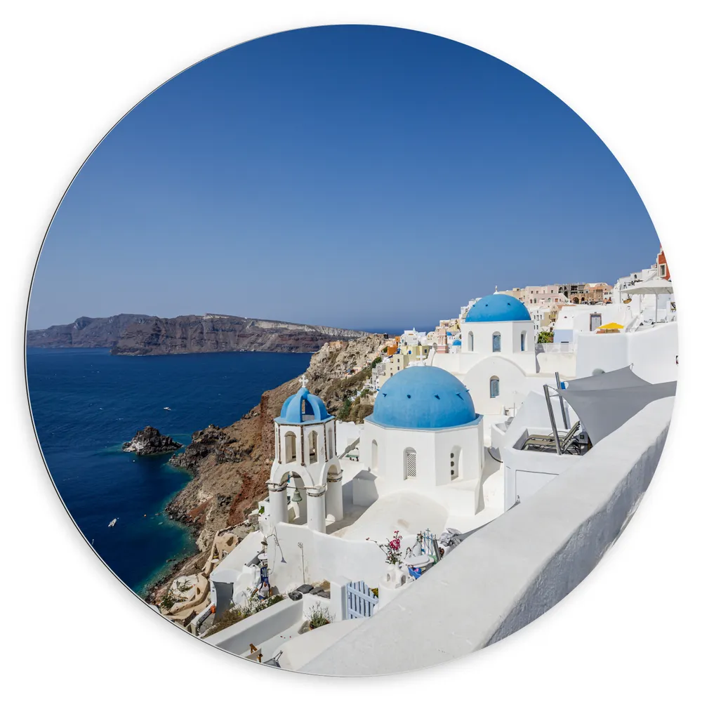 Dibond Muurcirkel - De Kenmerkende Blauwe Daken van Santorini