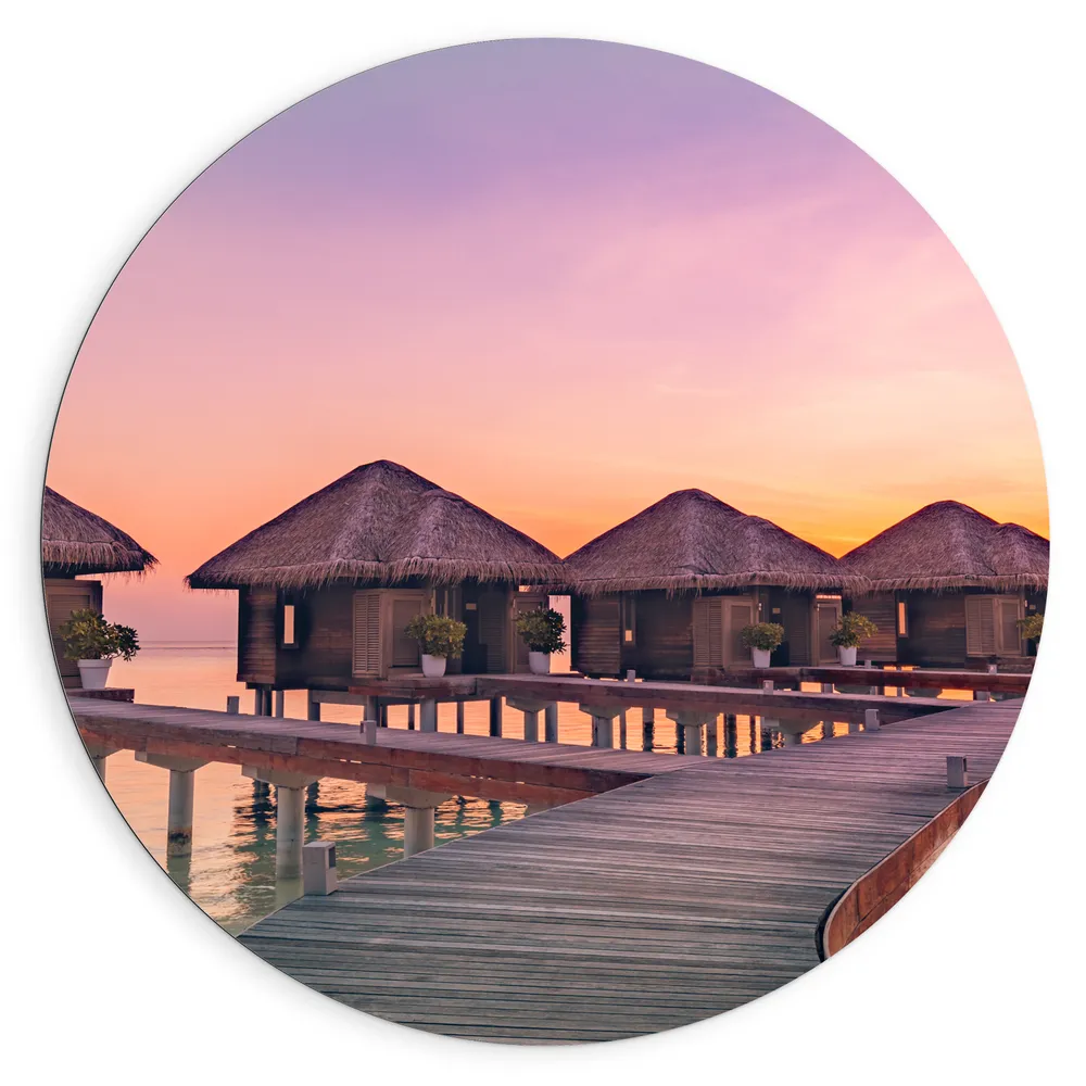 Dibond Muurcirkel - Vlonder naar Beach Resorts in Zee tijdens Zonsondergang