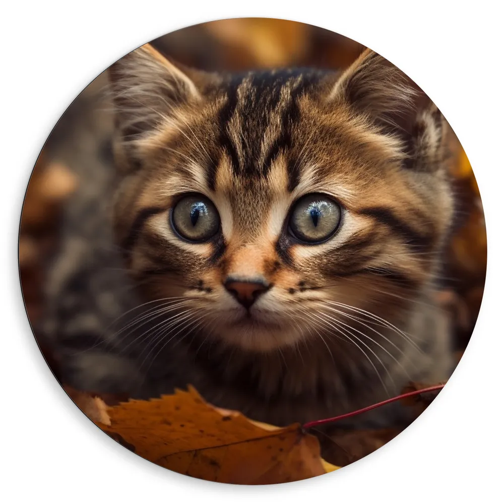 Dibond Muurcirkel - Kitten - Dier - Bladeren - Herfst