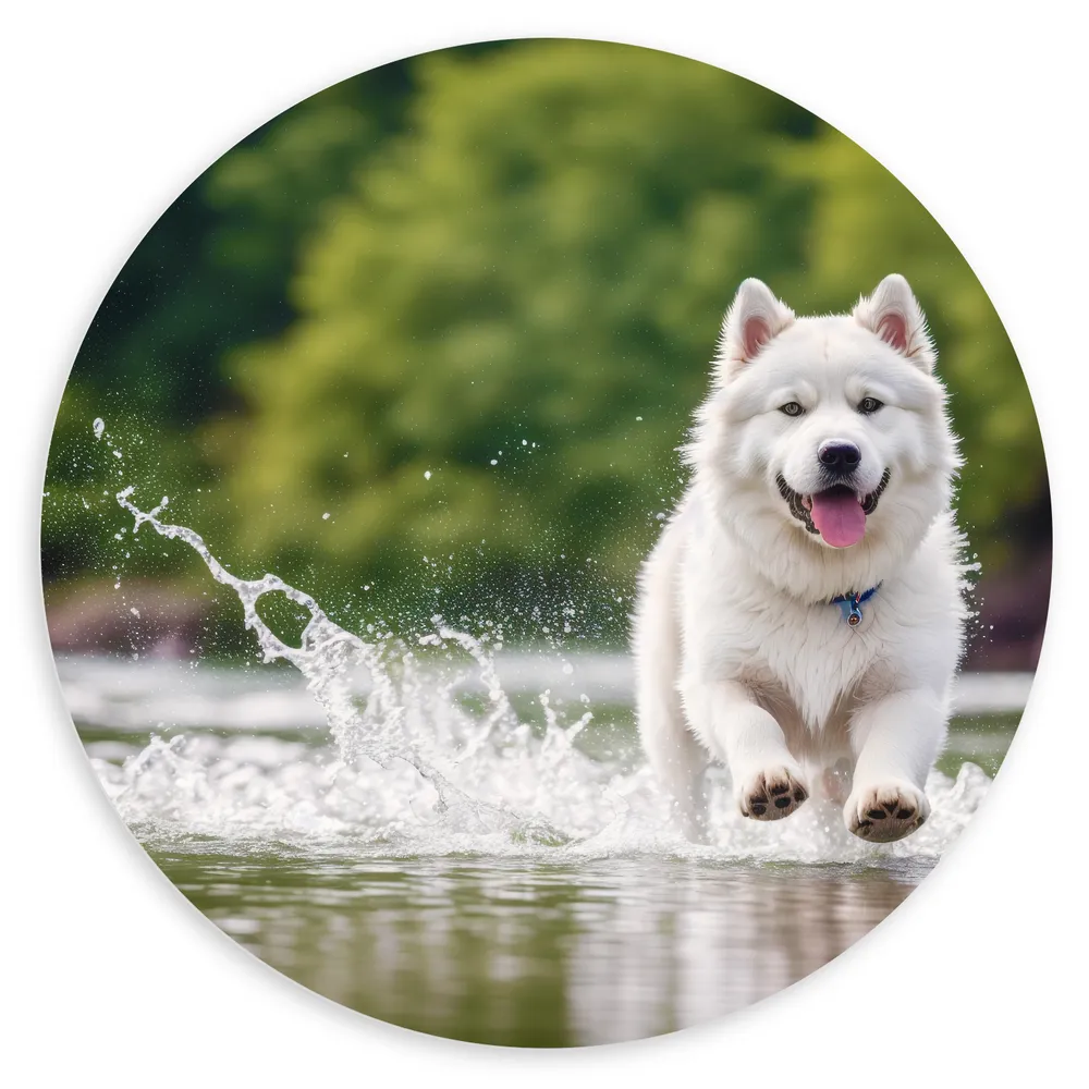 Dibond Muurcirkel - Dier - Hond - Wit - Water - Rennen