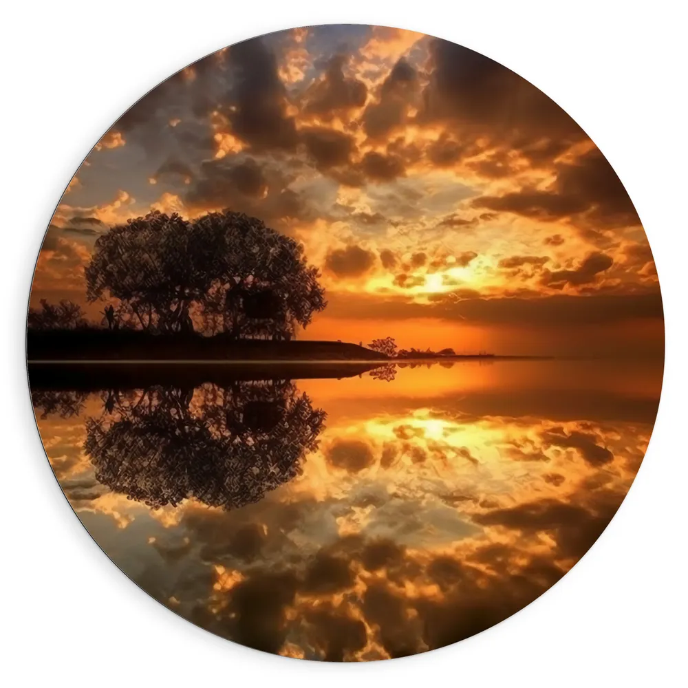 Dibond Muurcirkel - Bomen - Water - Zonsondergang - Oranje - Wolken
