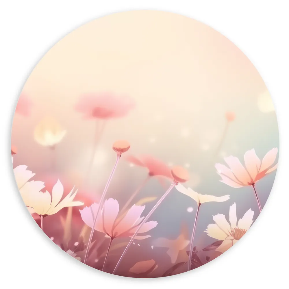 Dibond Muurcirkel - Getekende Licht Roze Bloemen met Wazige Roze Achtergrond