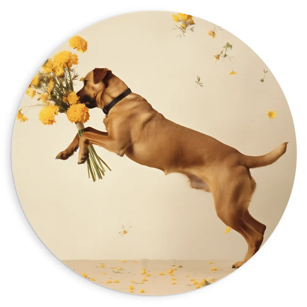 Dibond Muurcirkel - Hond met Gele Bloemen tussen de Poten