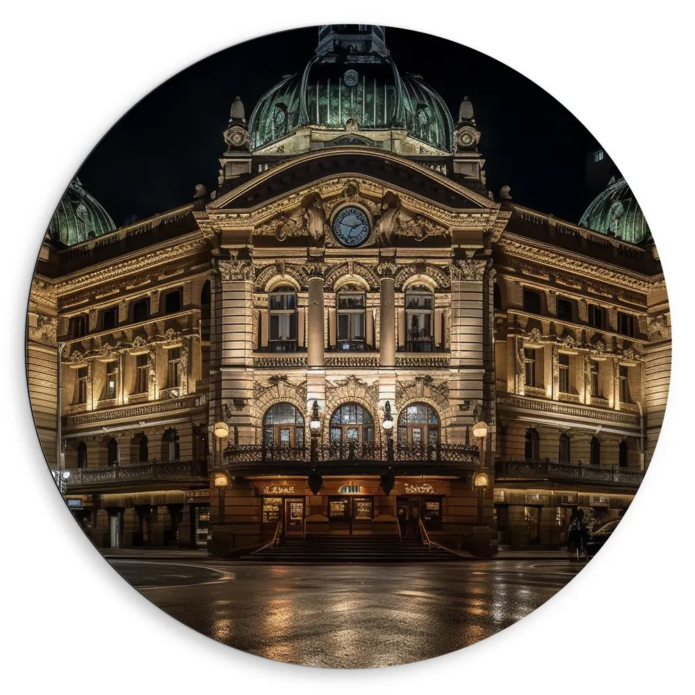 Dibond Muurcirkel - Gebouw - Stad - Groot - Verlicht