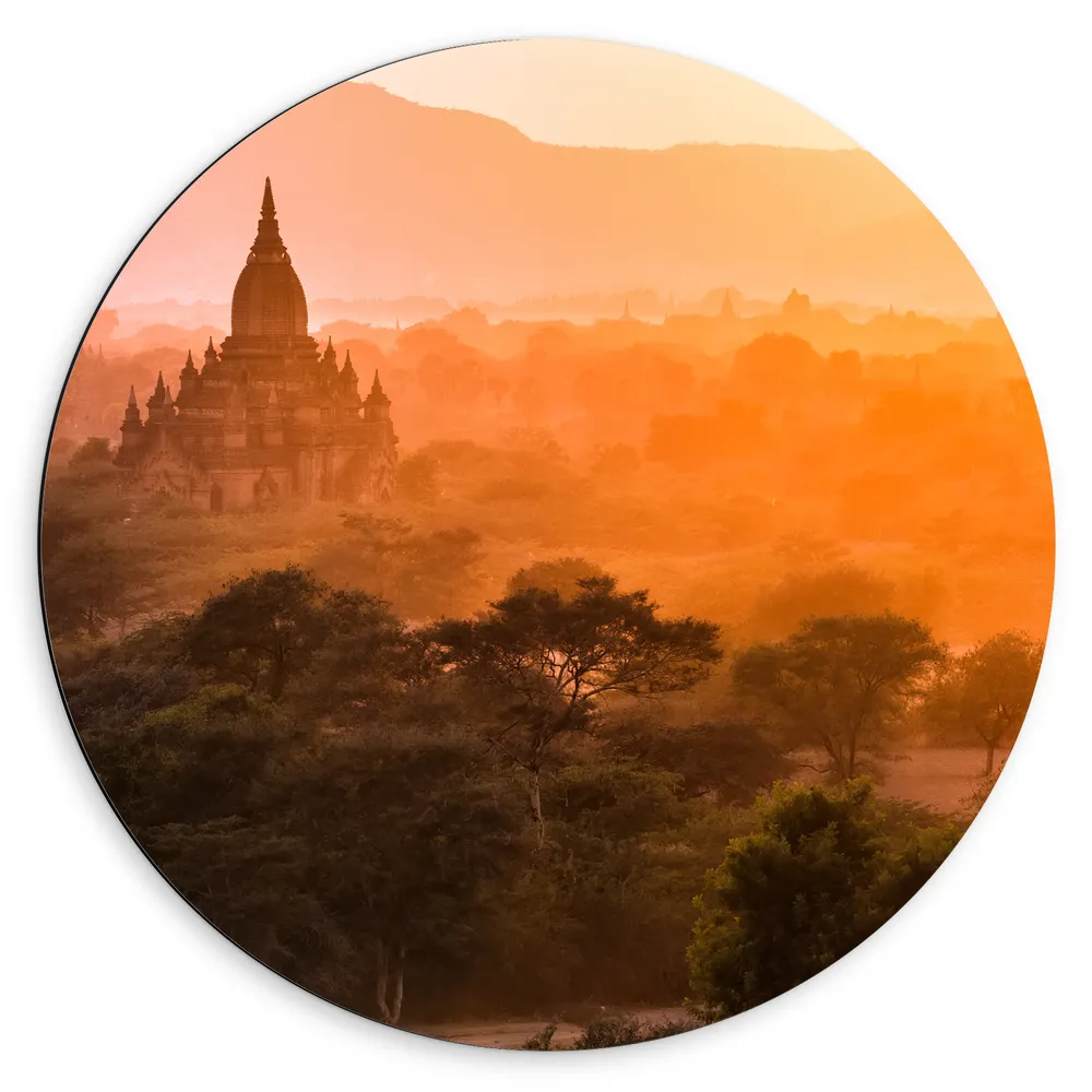 Dibond Muurcirkel - Fel Zonlicht over de Tempels van Myanmar