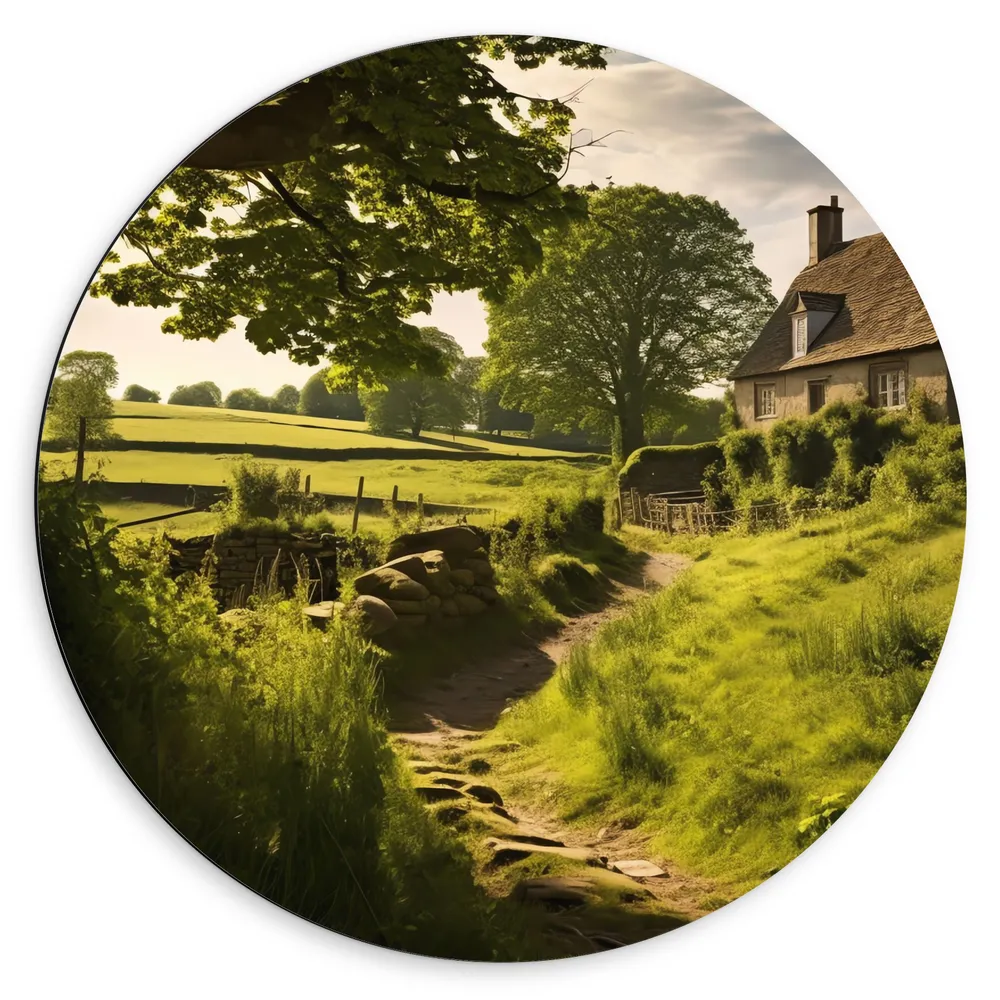 Dibond Muurcirkel - Bomen - Huis - Landschap - Gras - Planten - Groen