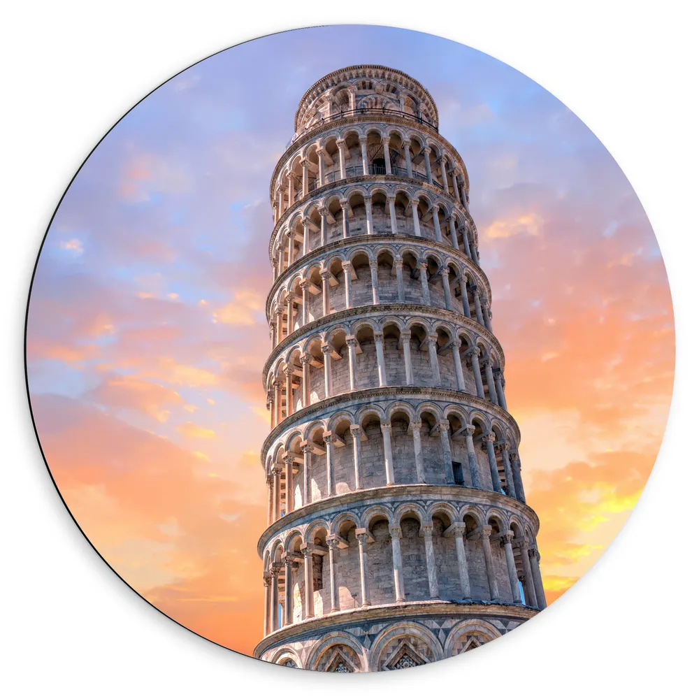 Dibond Muurcirkel - Pisa Toren in Pisa bij Zonsondergang