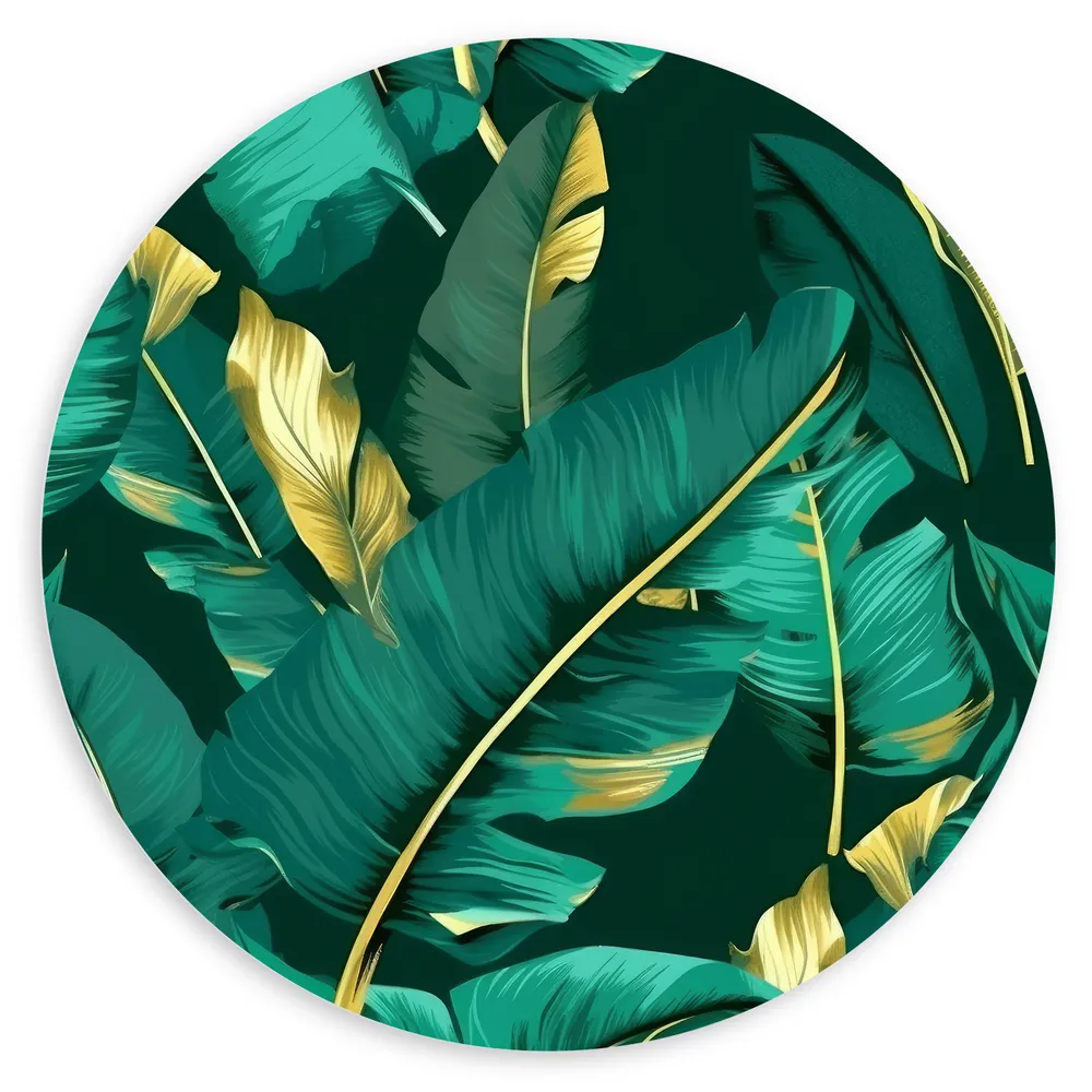 Dibond Muurcirkel - Groene Palmbladeren met Gouden Details