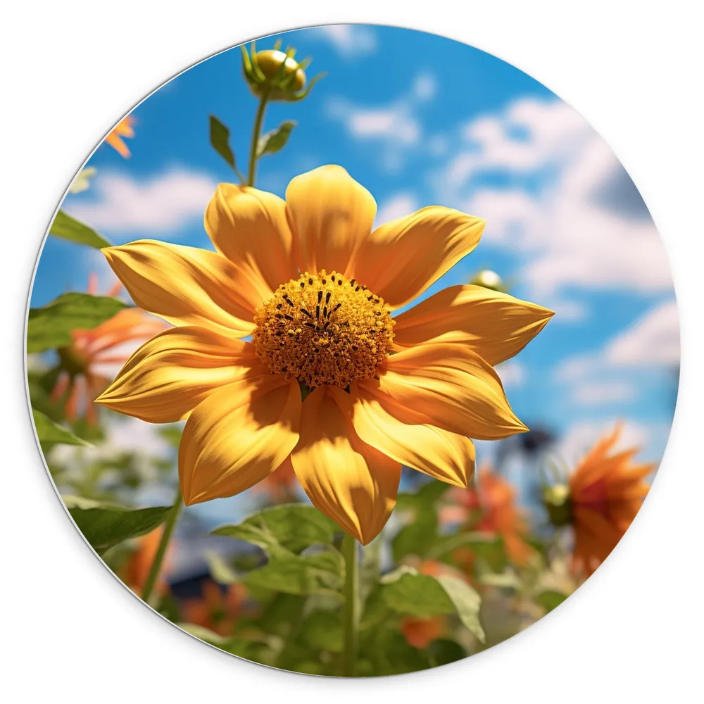 Dibond Muurcirkel - Bloemen - Oranje - Bladeren - Wolken