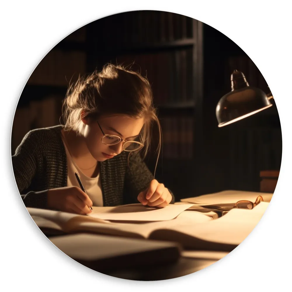 Dibond Muurcirkel - Meisje - Boeken - Huiswerk - Lamp - Bril - Pen