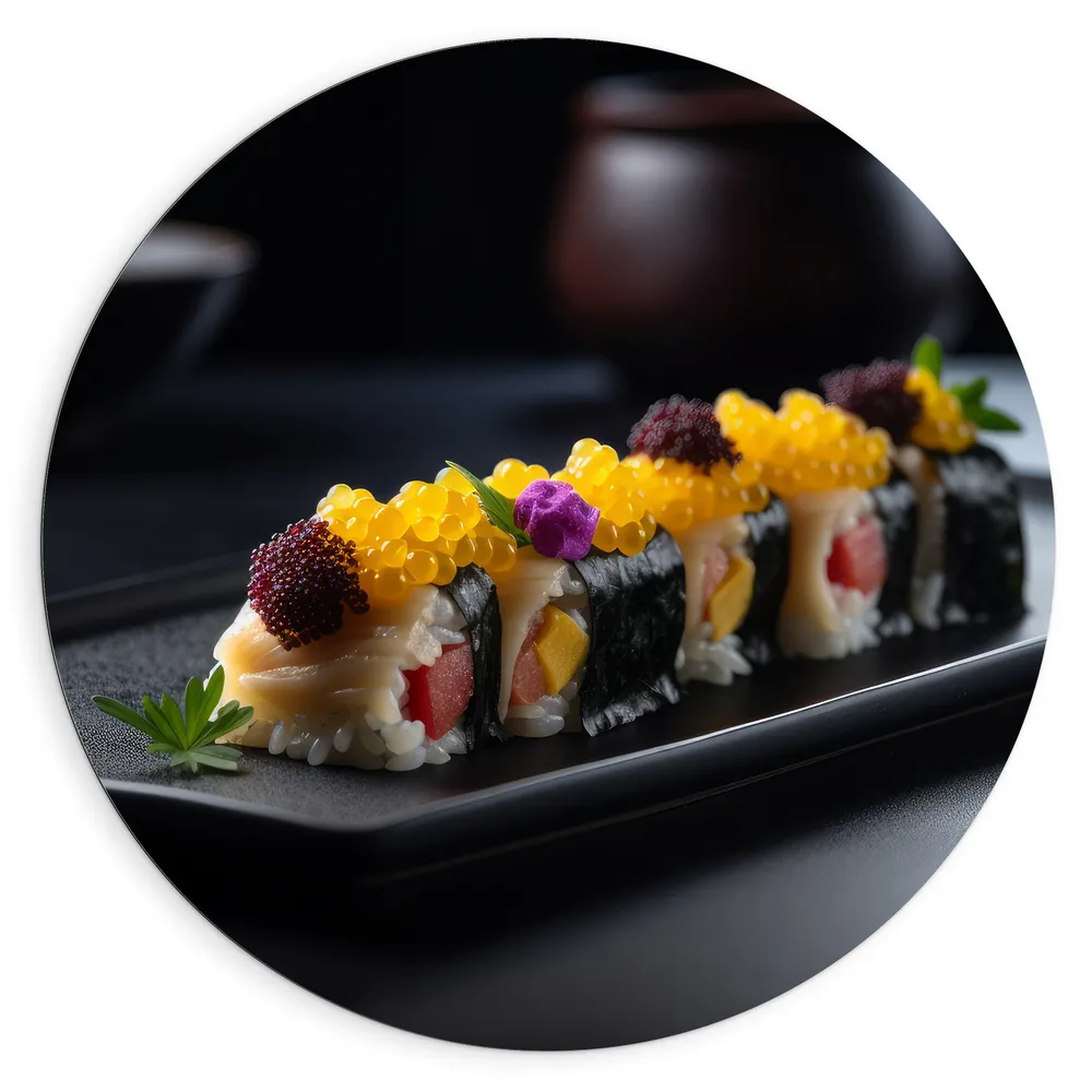 Dibond Muurcirkel - Sushi Rol op Zwart Stenen Plateau