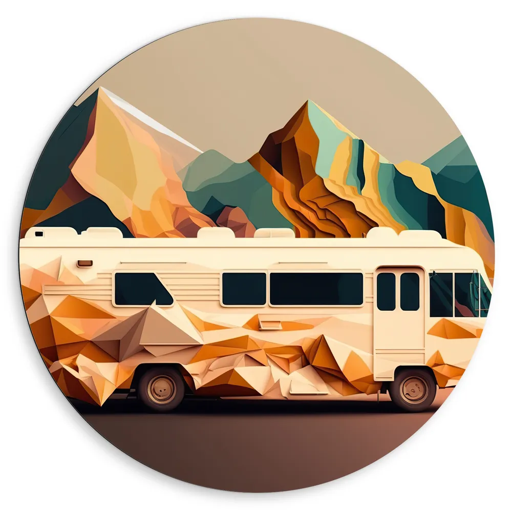 Dibond Muurcirkel - Camper van Abstracte Vormen tegen Berg van Abstracte Vormen