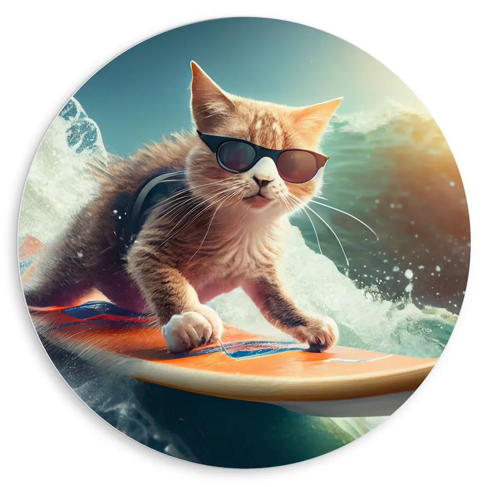 Dibond Muurcirkel - Rood met Witte Kat met Zwarte Zonnebril op Surfboard over de Golven