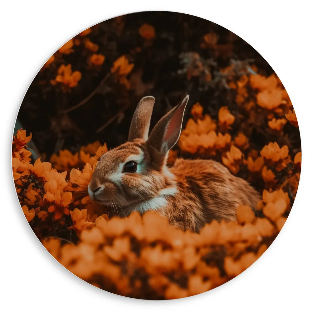 Dibond Muurcirkel - Konijn - Bloemen - Planten - Natuur