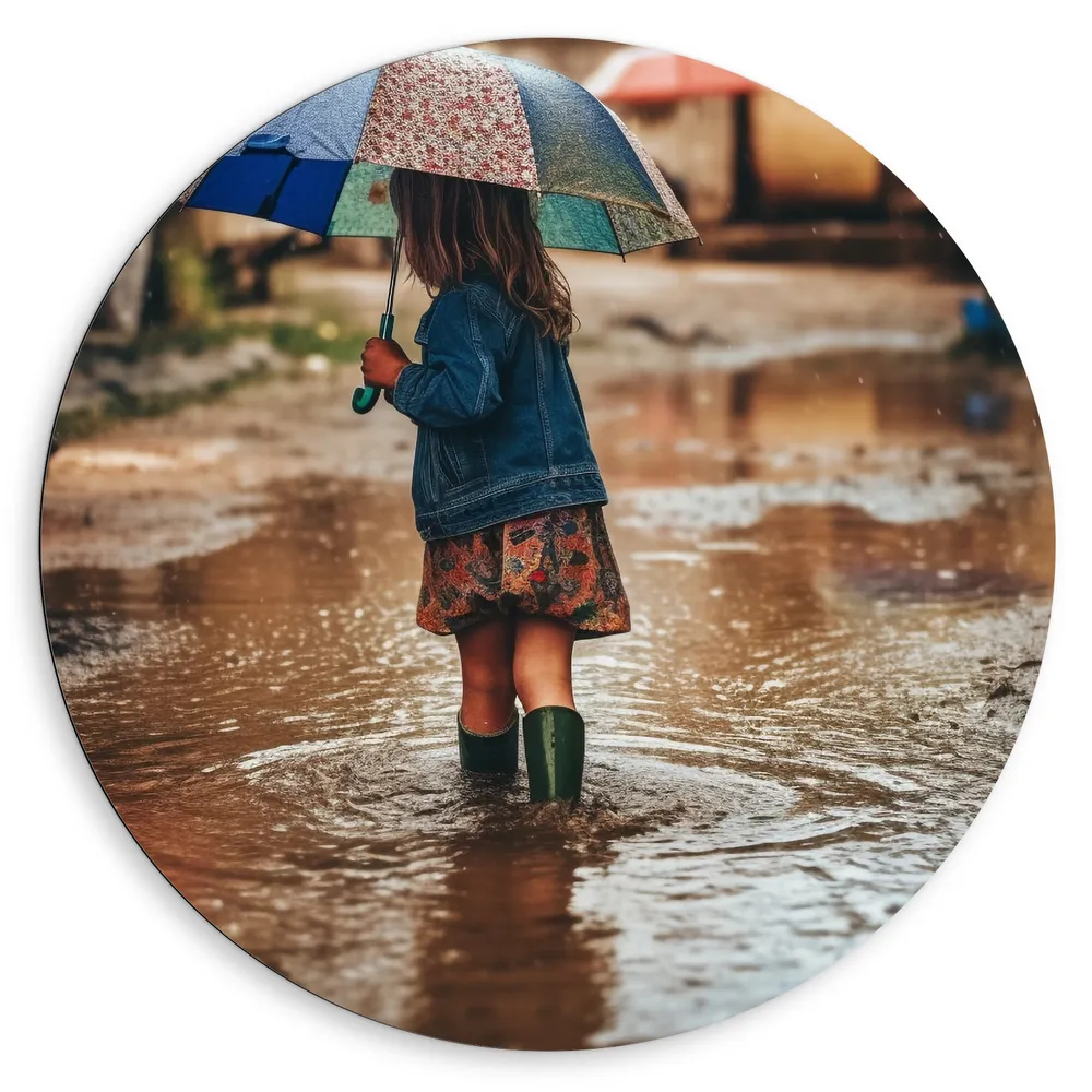 Dibond Muurcirkel - Meisje - Regen - Laarzen - Paraplu - Plas