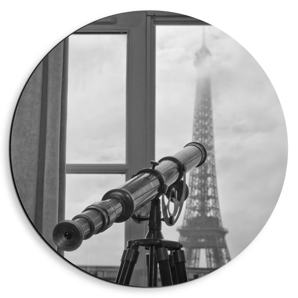 Dibond Muurcirkel - Telescoop vanuit Hotelkamer met Uitzicht op de Eiffeltoren
