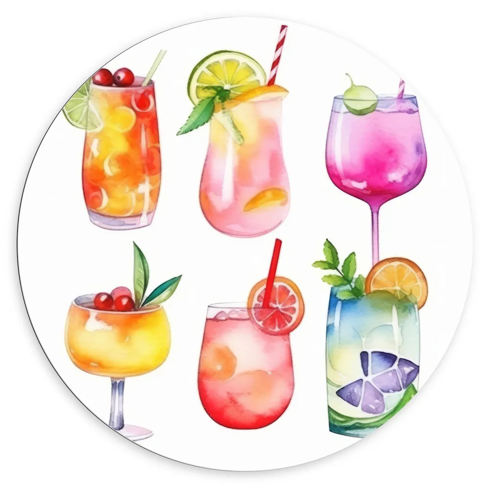 Dibond Muurcirkel - Waterverf Tekening van Verschillende Kleuren Cocktails op Witte Achtergrond