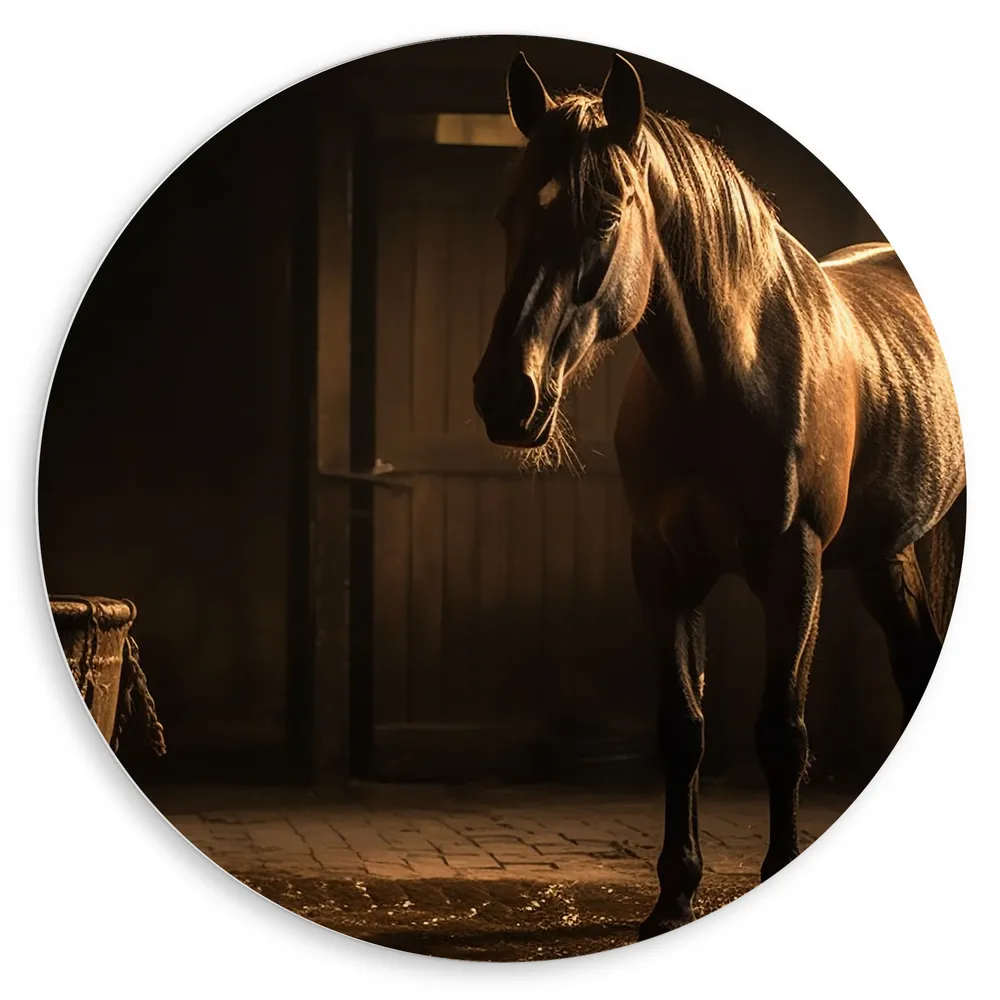 Dibond Muurcirkel - Dier - Paard - Stal - Bruin