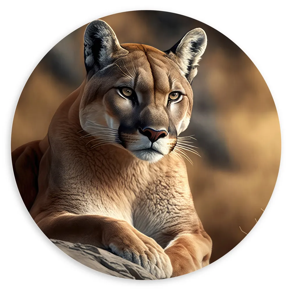 Dibond Muurcirkel - Cartoon van Puma Liggend op Grijze Rots in Natuurgebied