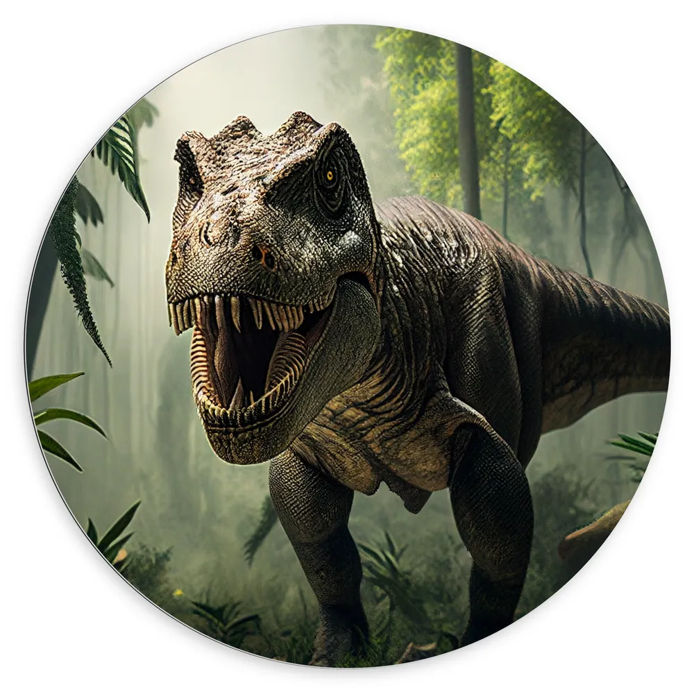 Dibond Muurcirkel - Dinosaurus - Dier - Bos - Bomen - Planten