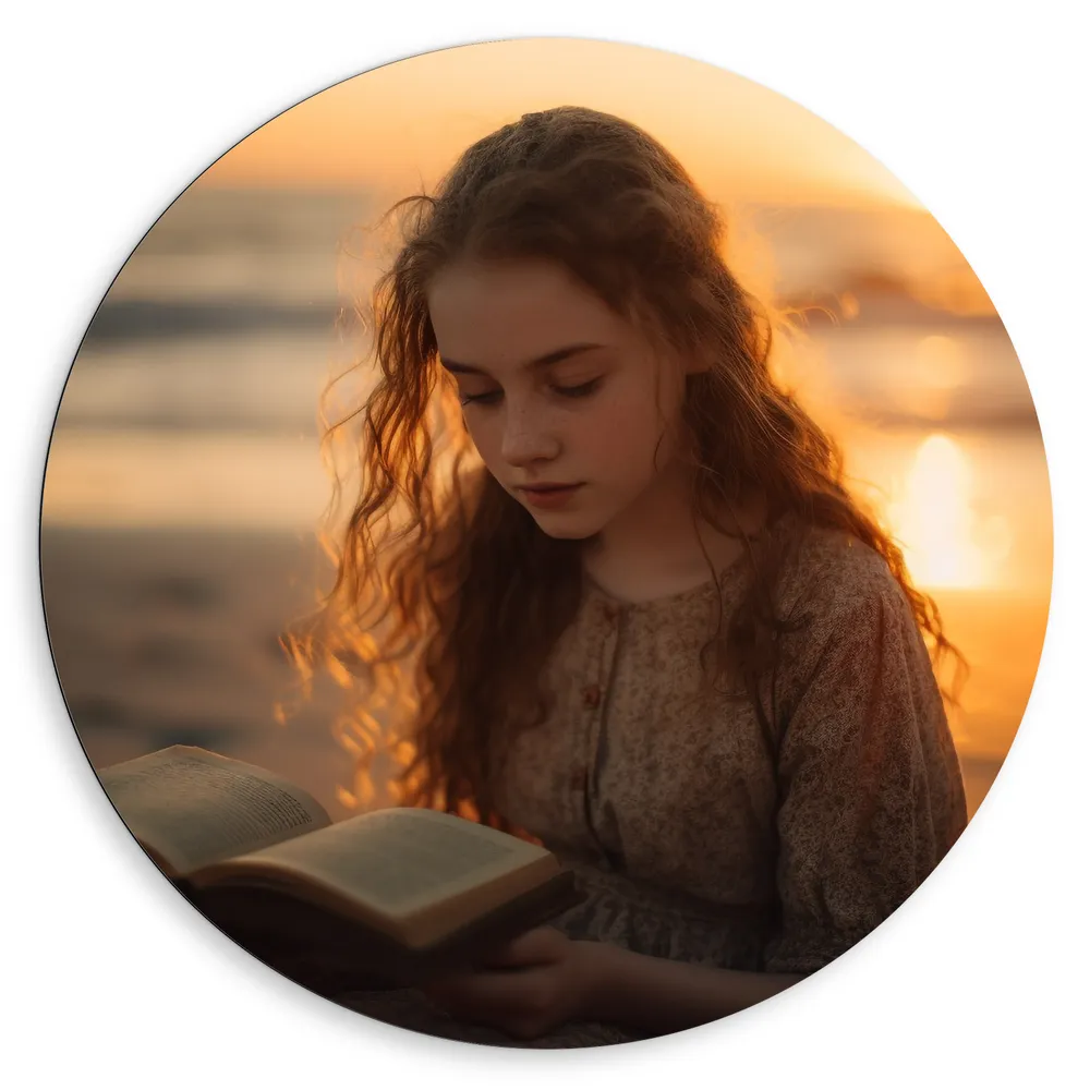 Dibond Muurcirkel - Meisje - Zee - Strand - Lezen - Boek - Zonsondergang