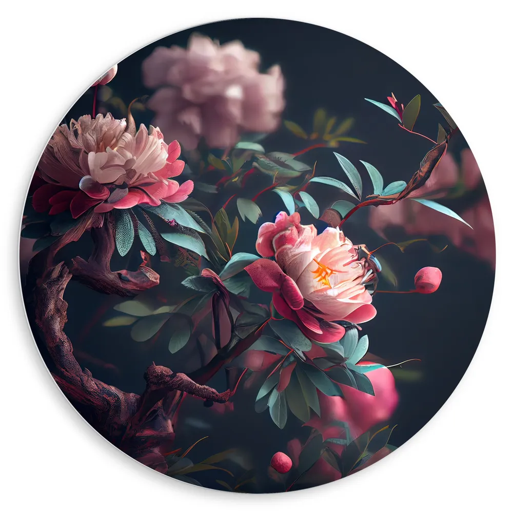 Dibond Muurcirkel - Roze Bloemen aan Bruine Tak