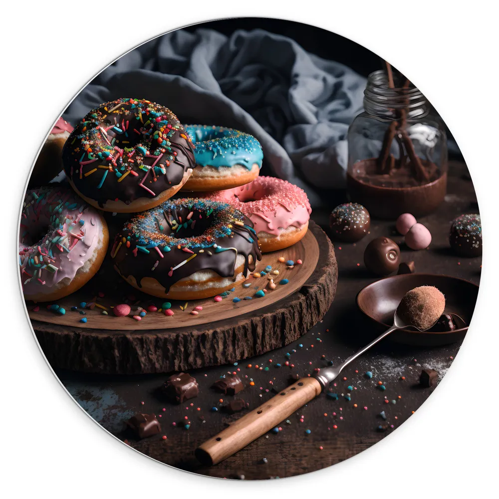 Dibond Muurcirkel - Foto van een Plateau vol Verse Donuts