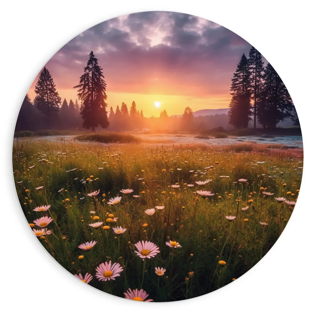 Dibond Muurcirkel - Zonsondergang bij Roze Bloemenveld