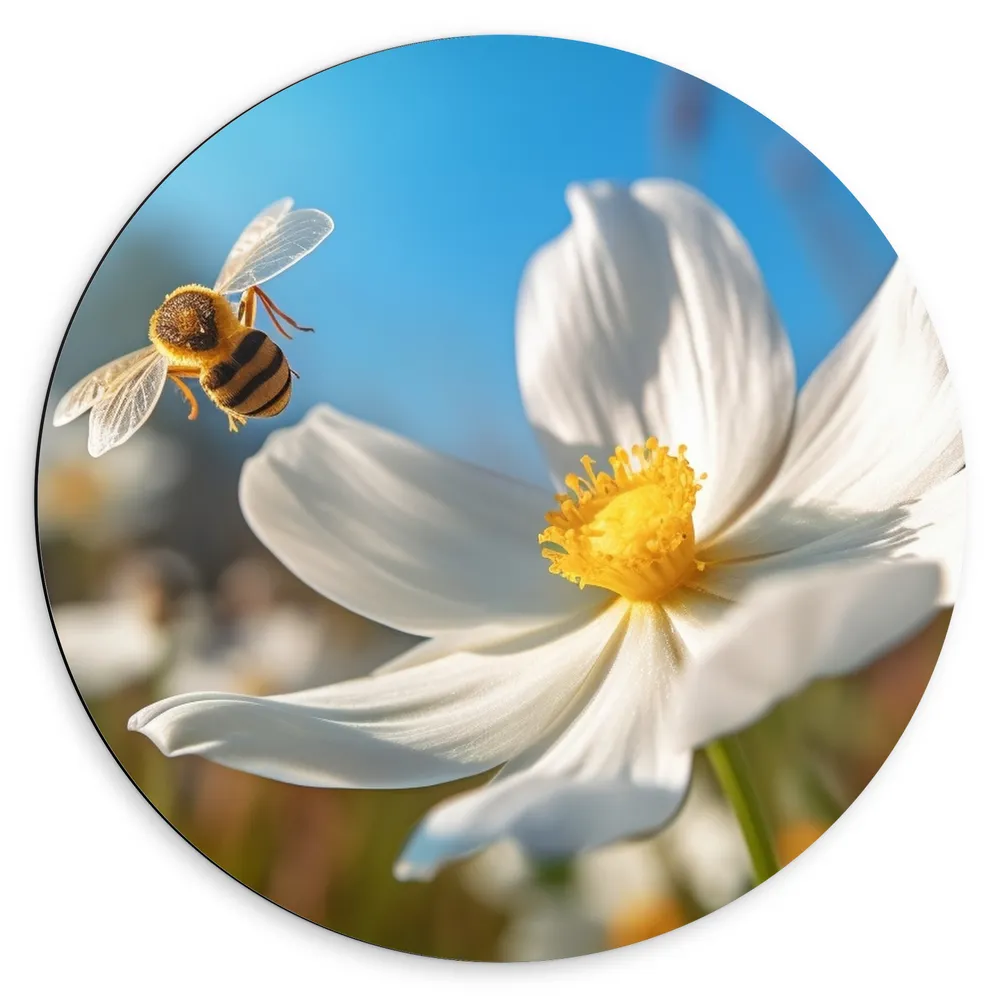 Dibond Muurcirkel - Bloemen - Wit - Bij - Dier - Insect
