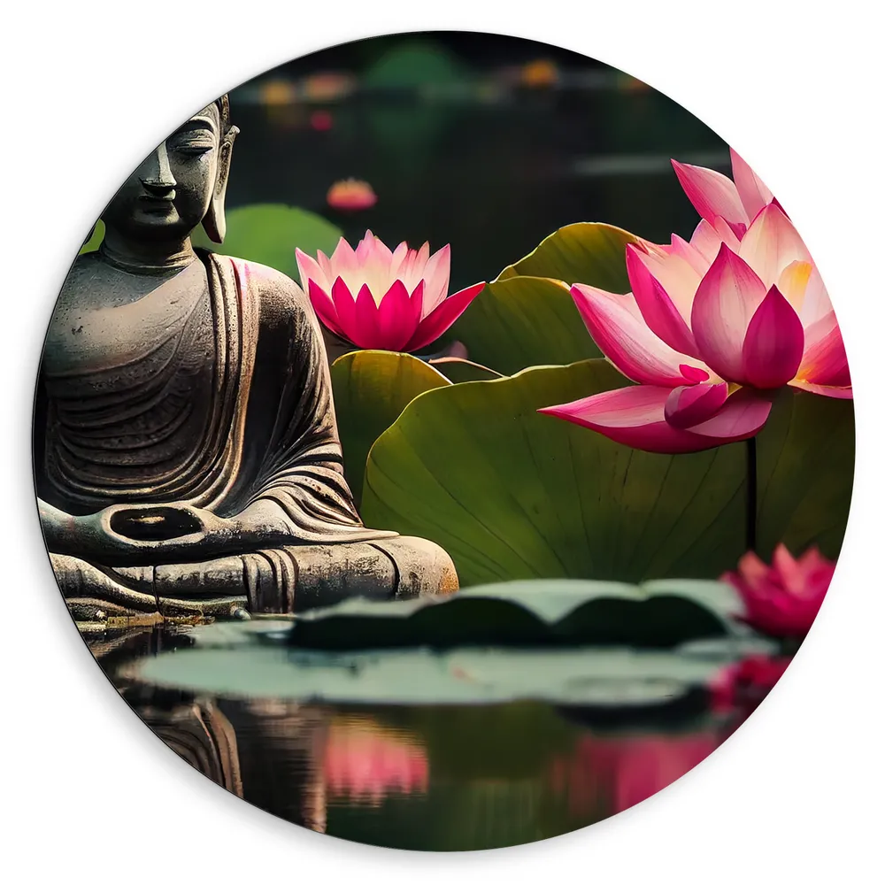Dibond Muurcirkel - Buddha - Waterlelies - Bloemen - Bladeren - Water
