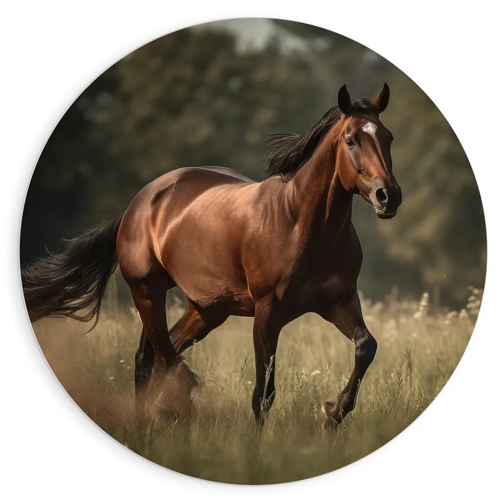Dibond Muurcirkel - Bruin Paard met Witte Bles Lopend door Weiland met Hoog Gras