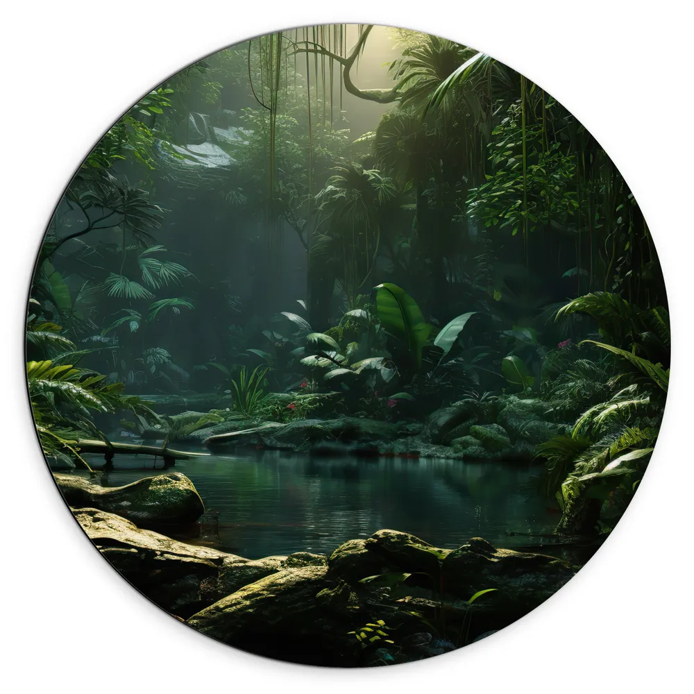 Dibond Muurcirkel - Jungle - Tropisch - Bloemen - Planten - Water - Groen
