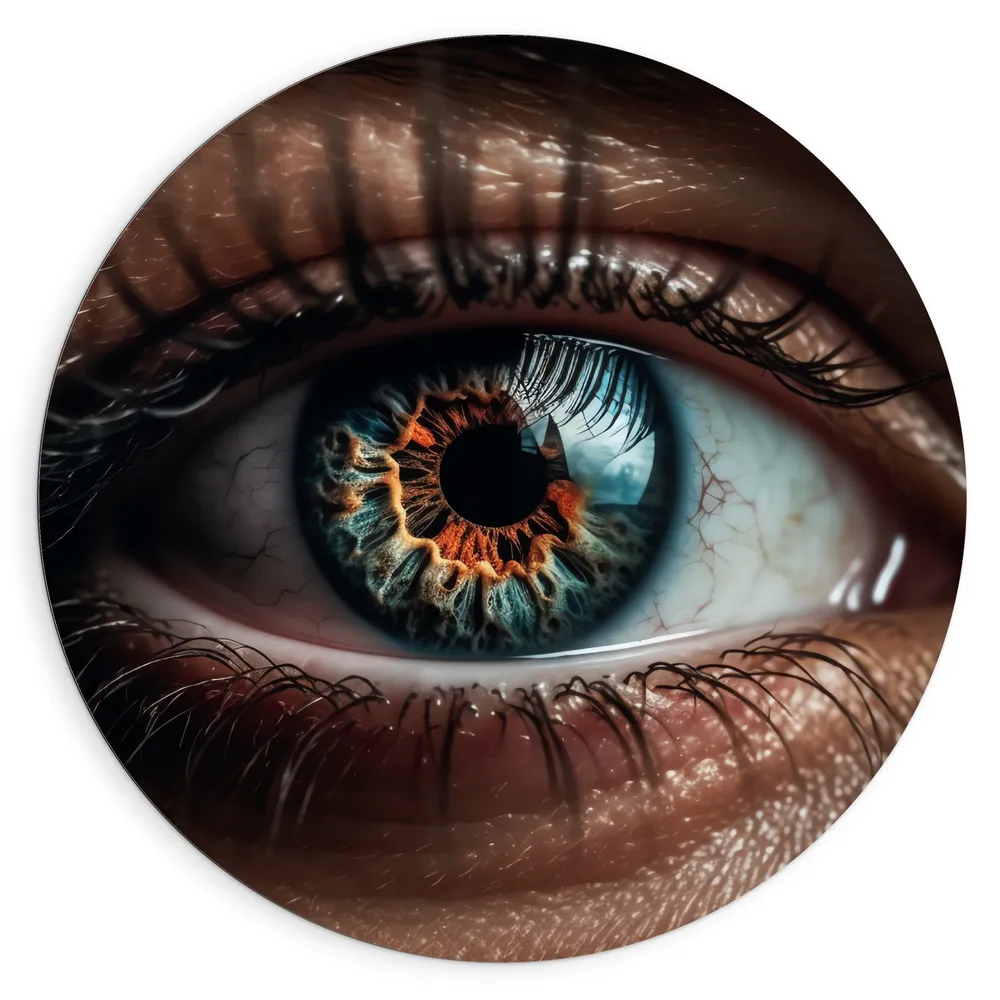 Dibond Muurcirkel - Close-up van Blauw met Bruin Oog