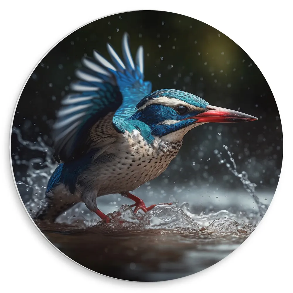 Dibond Muurcirkel - Blauw - Witte Vogel in Waterplas