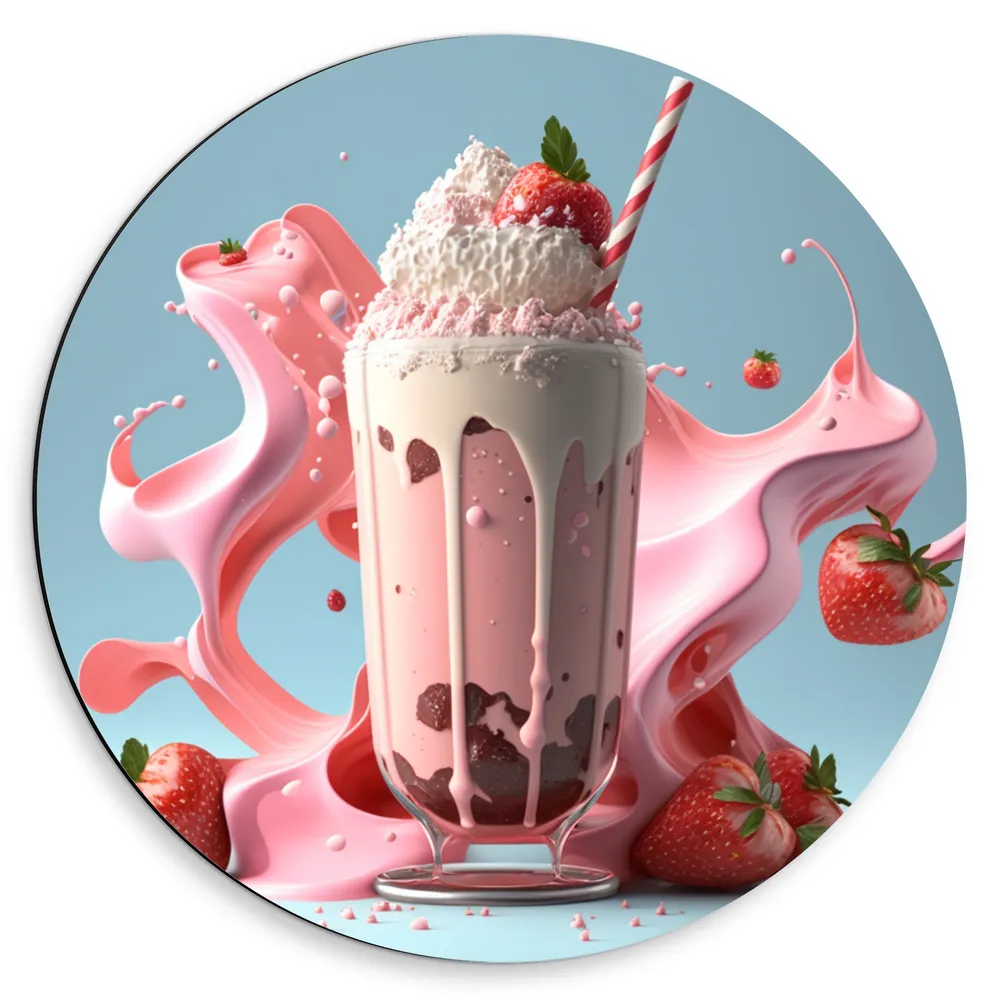 Dibond Muurcirkel - Milkshake - Aardbei - Chocola - Slagroom - Rietje