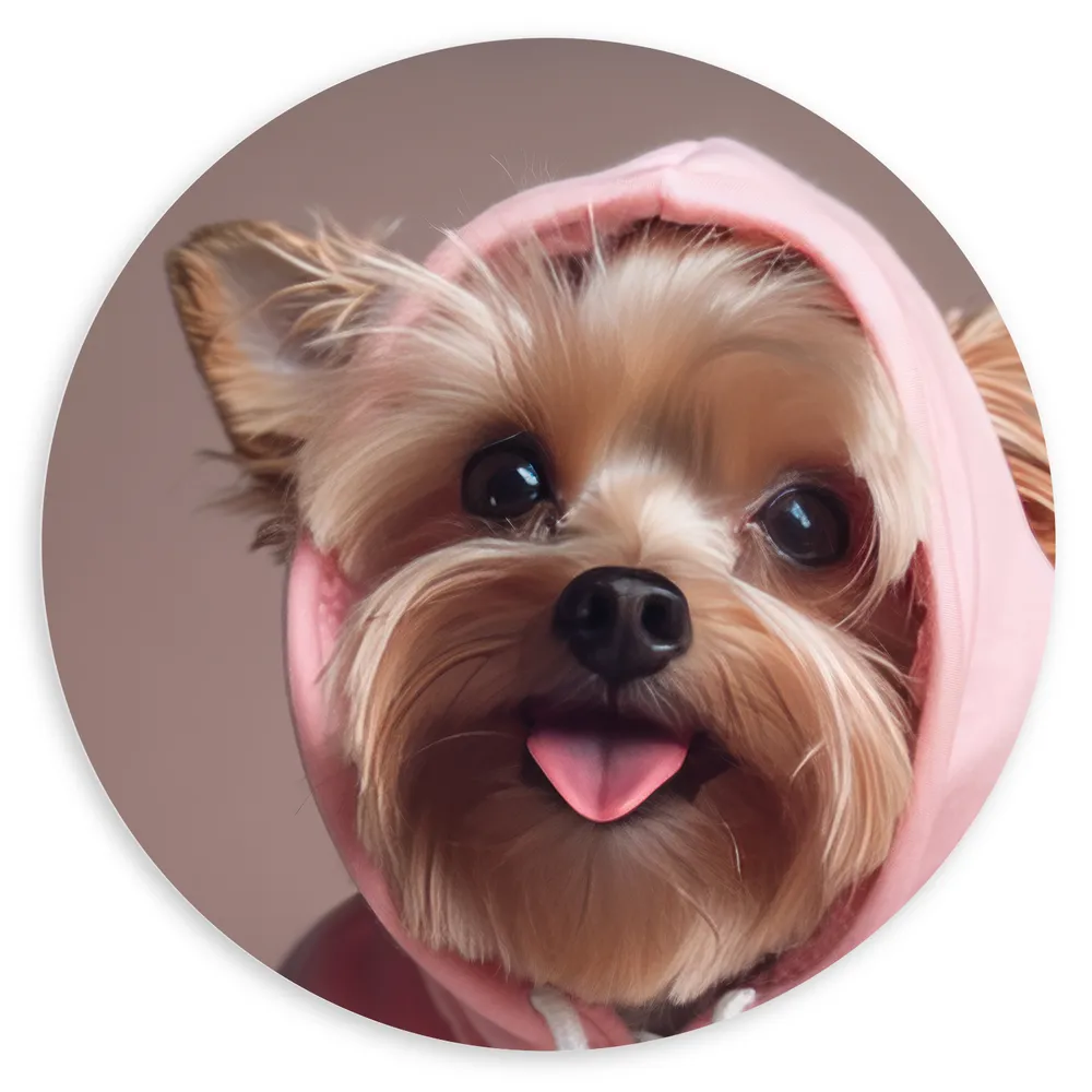 Dibond Muurcirkel - Lichtgekleurde Yorkisch Terrier in Roze Jasje met Uitstekende Tong