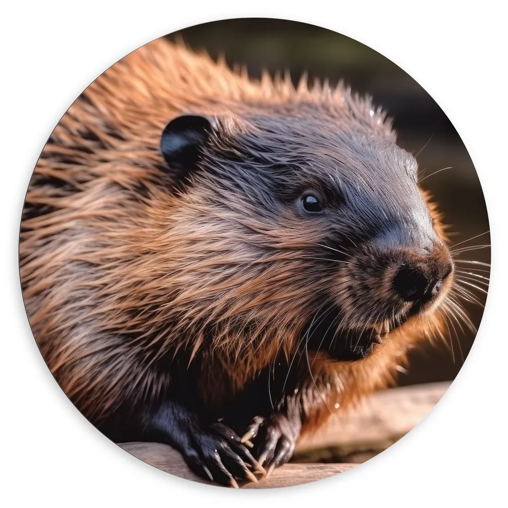 Dibond Muurcirkel - Bever hangt met poten over stuk hout heen