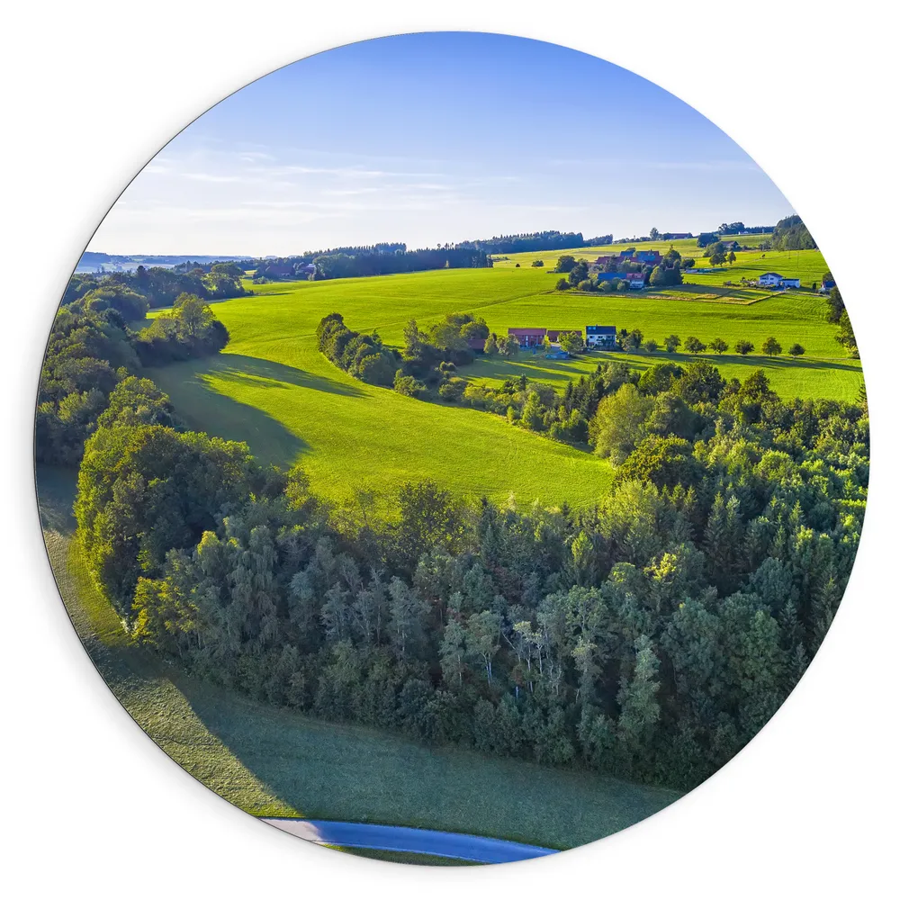Dibond Muurcirkel - Bomen - Landschap - Huizen - Gras