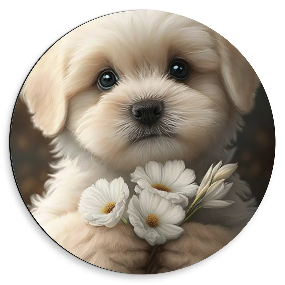 Dibond Muurcirkel - Aandoenlijke Witte Puppy met Wit Bloem Boeket