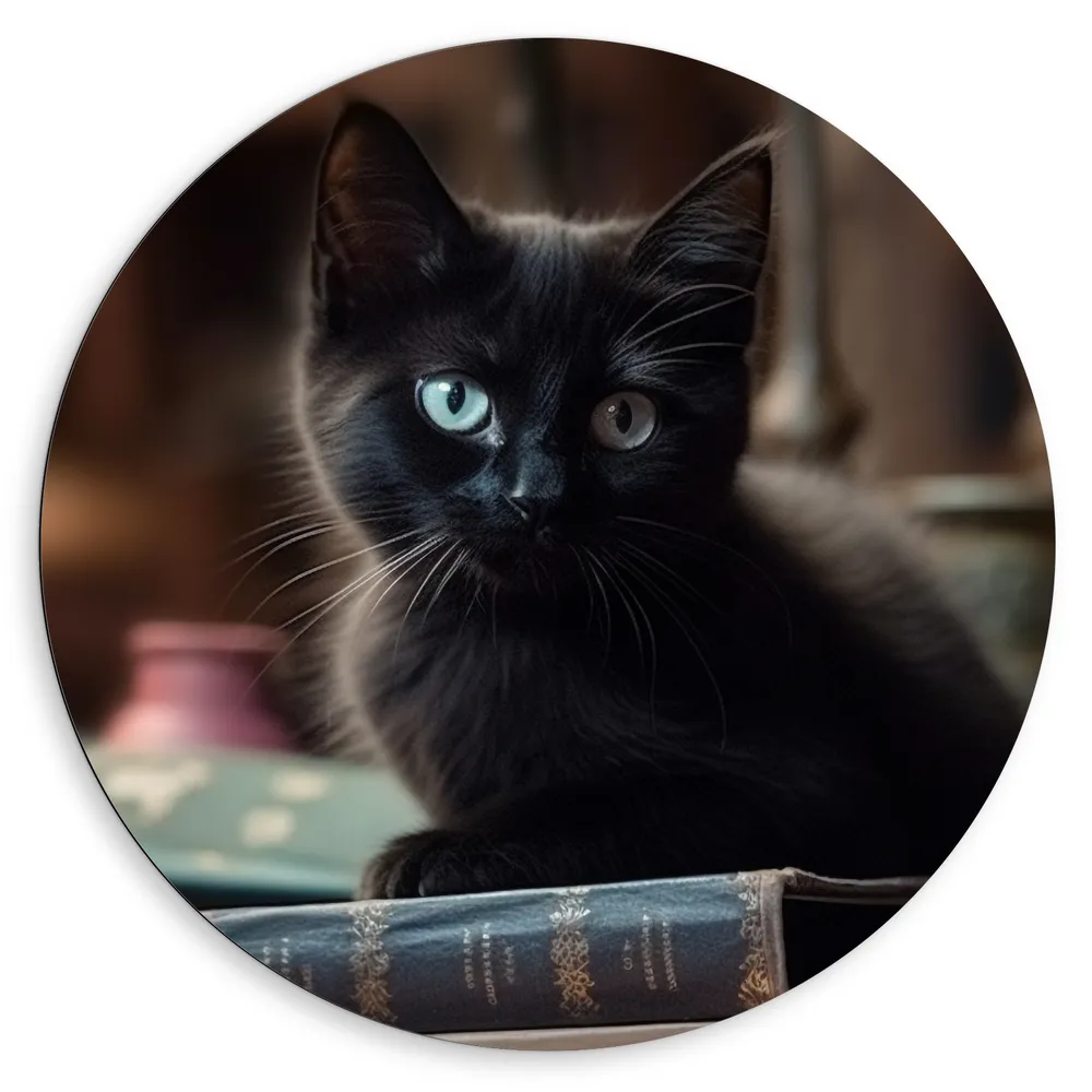 Dibond Muurcirkel - Kitten - Dier - Tafel - Boeken - Zwart